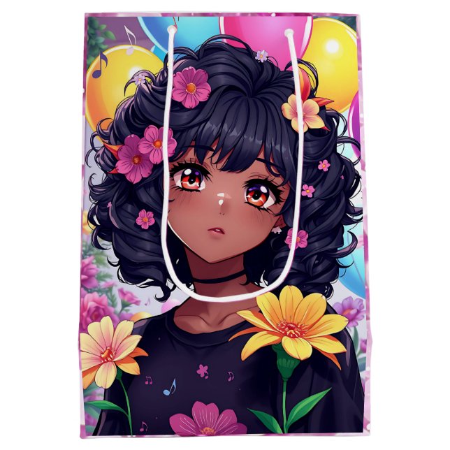 Anime Girl of Colour Birthday Medium Gift Bag (Back)