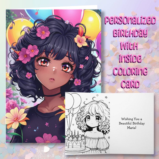 Anime Girl of Colour Personalised Birthday Card (Creator Uploaded)