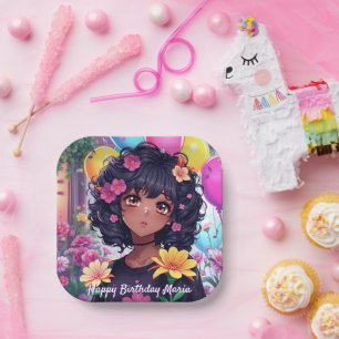 Anime Girl of Colour Personalised Birthday Paper Plate