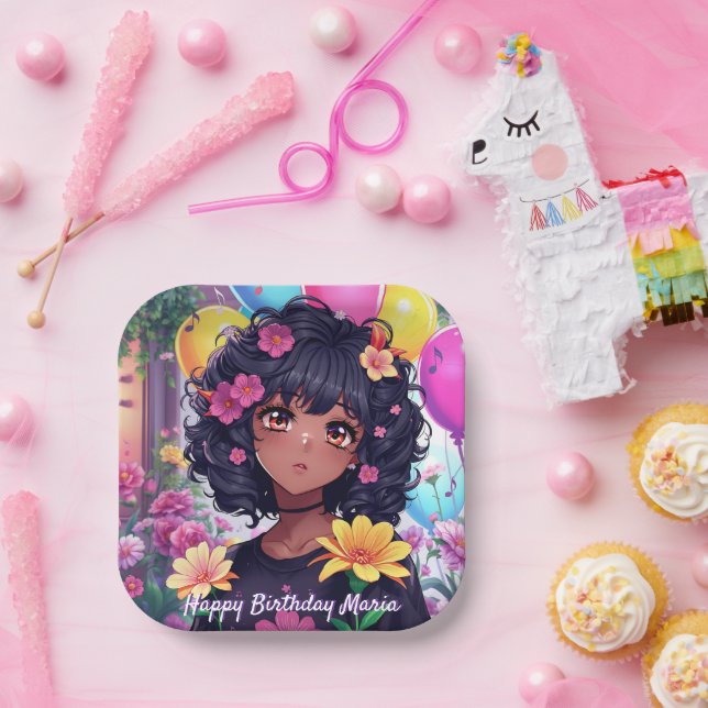 Anime Girl of Colour Personalised Birthday Paper Plate (Party)