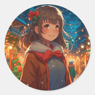 Anime Girl on Christmas Night Classic Round Sticker