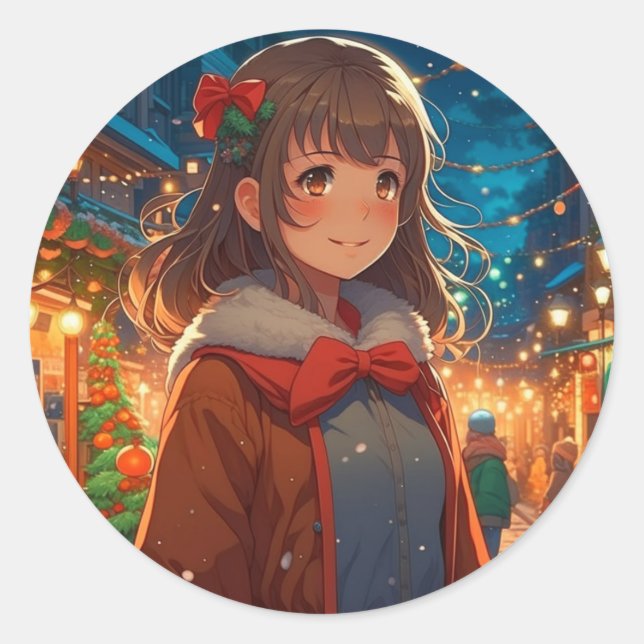 Anime Girl on Christmas Night Classic Round Sticker (Front)