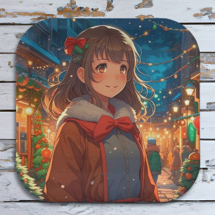 Anime Girl on Christmas or New Year's Eve Paper Plate