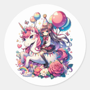 Anime Girl on Unicorn Birthday Classic Round Sticker