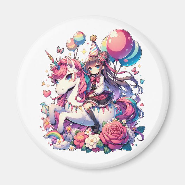 Anime Girl on Unicorn Birthday  Magnet (Front)