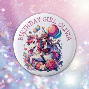 Anime Girl on Unicorn Birthday Personalised 6 Cm Round Badge