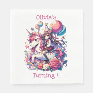 Anime Girl on Unicorn Birthday Personalised Napkin