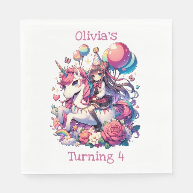 Anime Girl on Unicorn Birthday Personalised Napkin (Front)