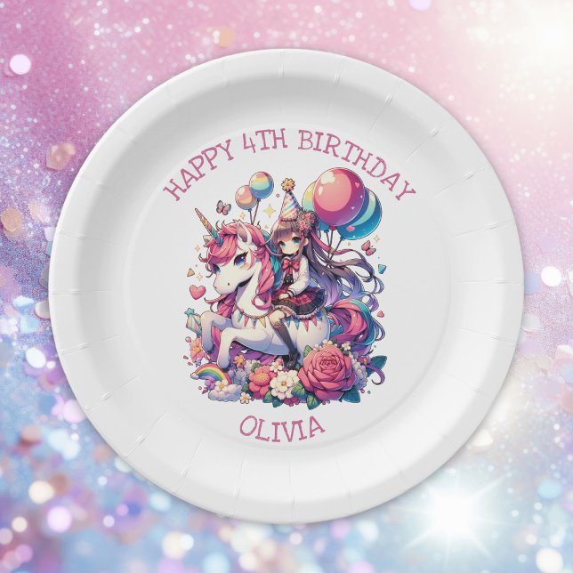 Anime Girl on Unicorn Birthday Personalised Paper Plate (Creator Uploaded)