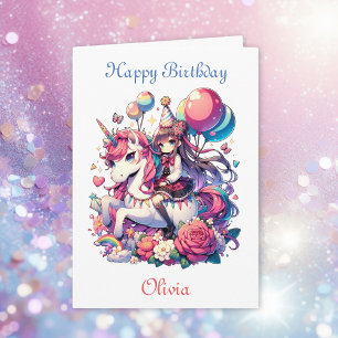 Anime Girl on Unicorn Plus Colouring Page Birthday Card