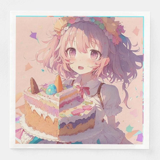  Anime Girl Piece of Cake Whimsical Birthday Napkin (Front)