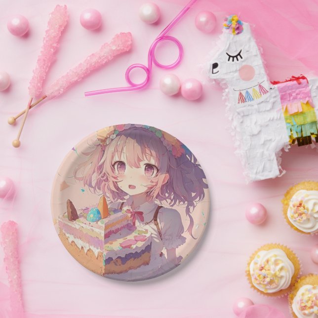  Anime Girl Piece of Cake Whimsical Birthday Paper Plate (Party)