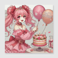 Anime girl Pink birthday magnetic card