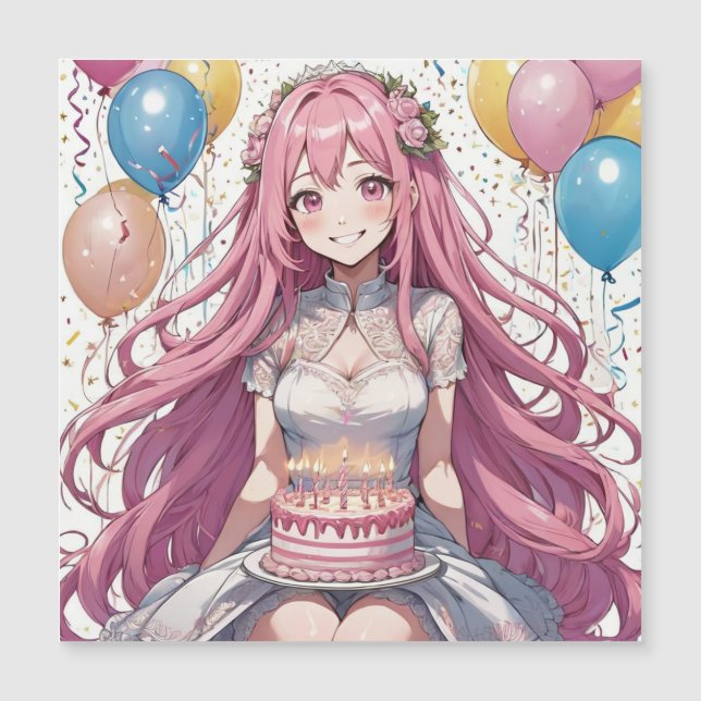 Anime Girl Pink birthday Magnetic Invitation (Front)