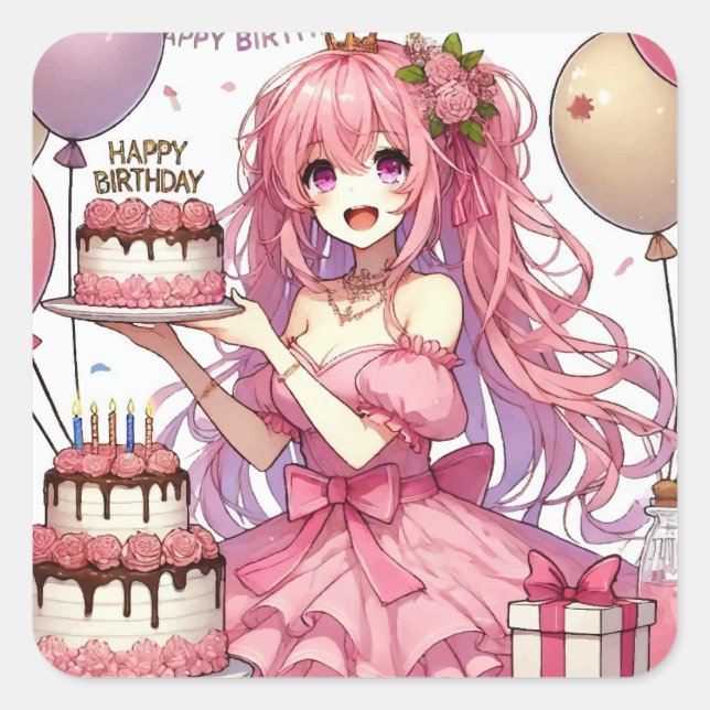 Anime girl Pink birthday Square Sticker (Front)