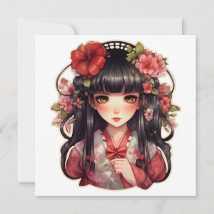 Anime girl pink flowers invitation