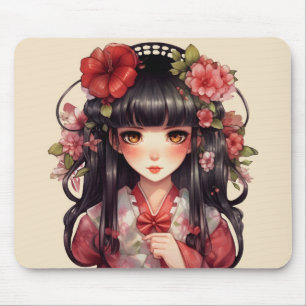 Anime girl pink flowers mouse mat