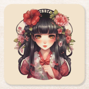 Anime girl pink flowers square paper coaster