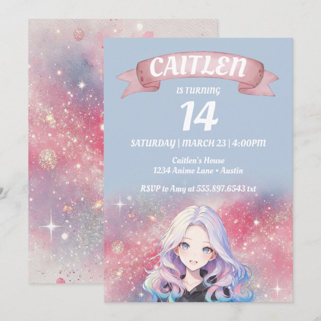 Anime Girl Pink Glitter Birthday Invitation (Front/Back)