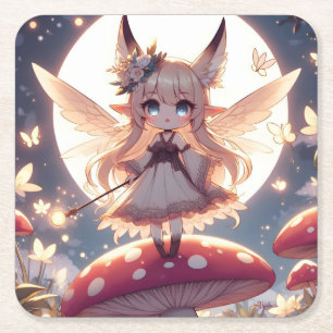 Anime Girl Pixie Hippie Moon Fairy Square Paper Coaster