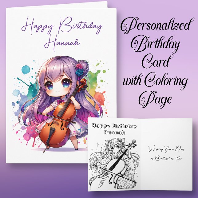 Anime Girl Playing Cello Personalised Birthday Card (Creator Uploaded)