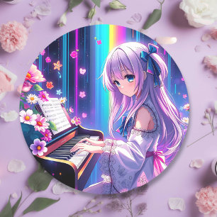 Anime Girl Playing Piano Classic Round Sticker