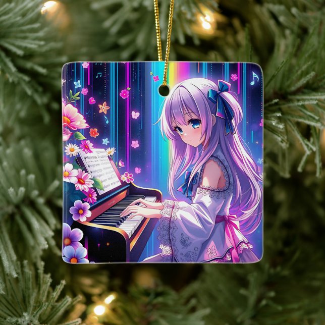 Anime Girl Playing Piano Personalised Christmas Ceramic Ornament (Tree)