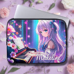 Anime Girl Playing Piano Personalised Laptop Sleeve<br><div class="desc">Personalised laptop sleeve. Pretty anime girl playing the piano surrounded by stars and flowers in purple,  blue and pink.</div>