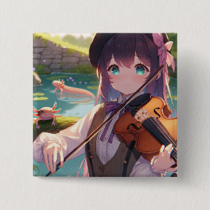 Anime Girl Playing the Violin and Axolotls 15 Cm Square Badge