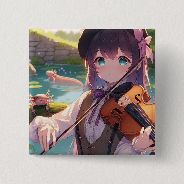 Anime Girl Playing the Violin and Axolotls 15 Cm Square Badge (Front)