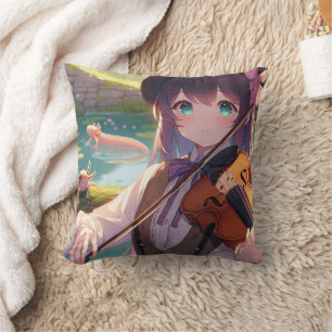 Anime Girl Playing the Violin and Axolotls Cushion