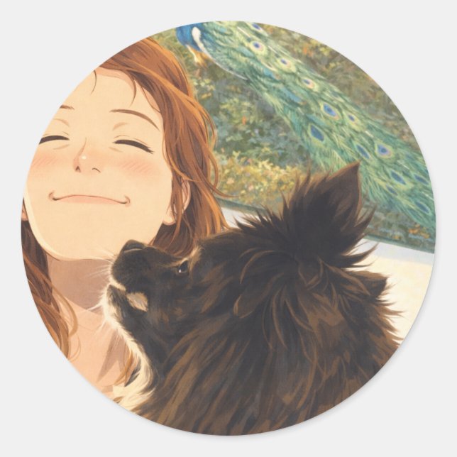 Anime Girl & Puppy Round Sticker (Front)