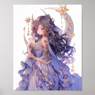 Anime Girl Purple Moon Princess Fantasy Art Poster