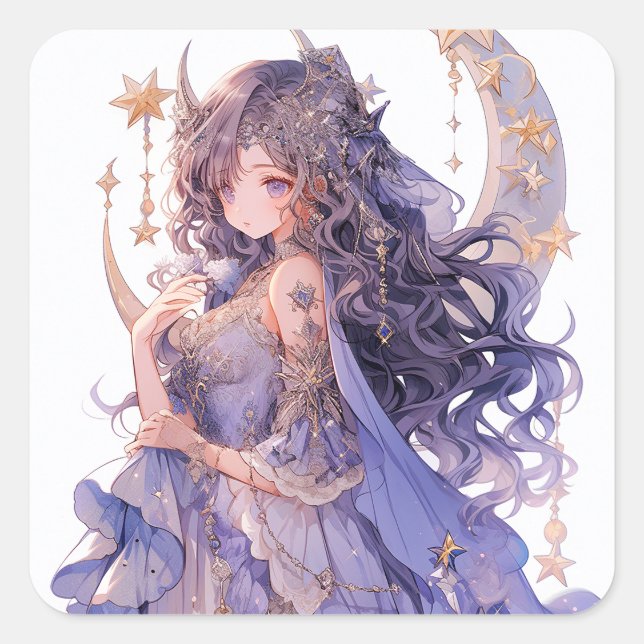 Anime Girl Purple Moon Princess Fantasy Art Square Sticker (Front)