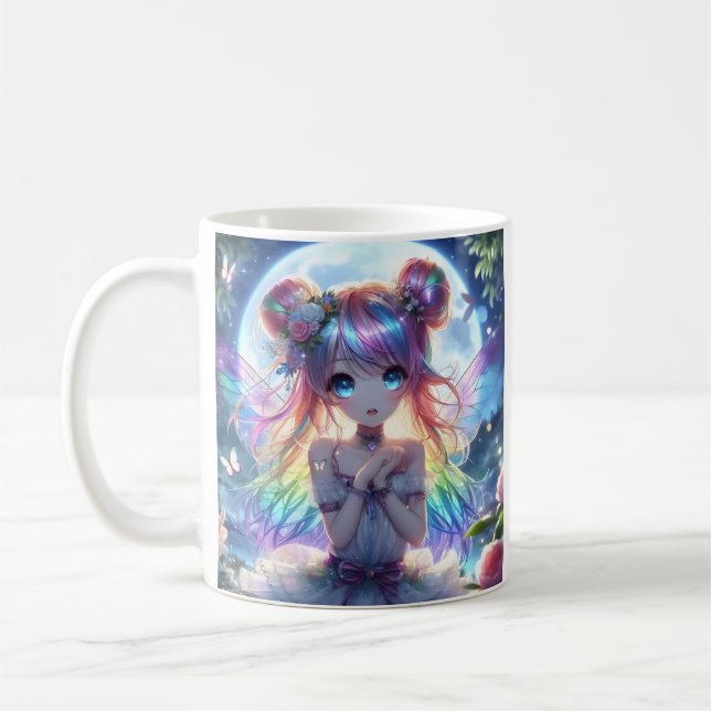 Anime Girl Rainbow Hair Singing Moon Fairy Coffee Mug (Left)