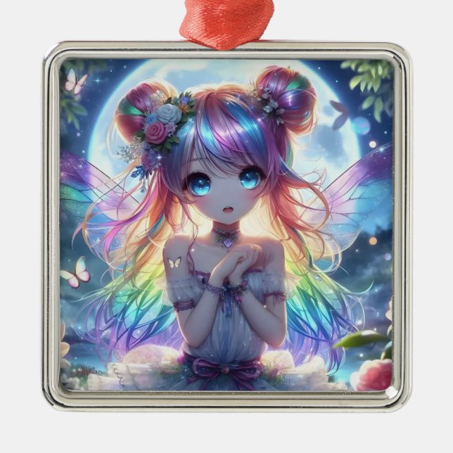 Anime Girl Rainbow Hair Singing Moon Fairy Metal Tree Decoration (Front)