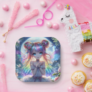 Anime Girl Rainbow Hair Singing Moon Fairy Paper Plate