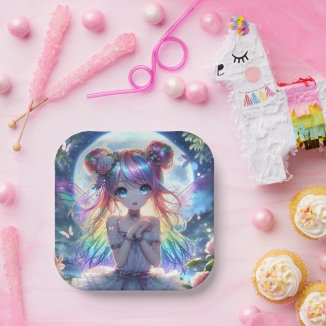 Anime Girl Rainbow Hair Singing Moon Fairy Paper Plate (Party)