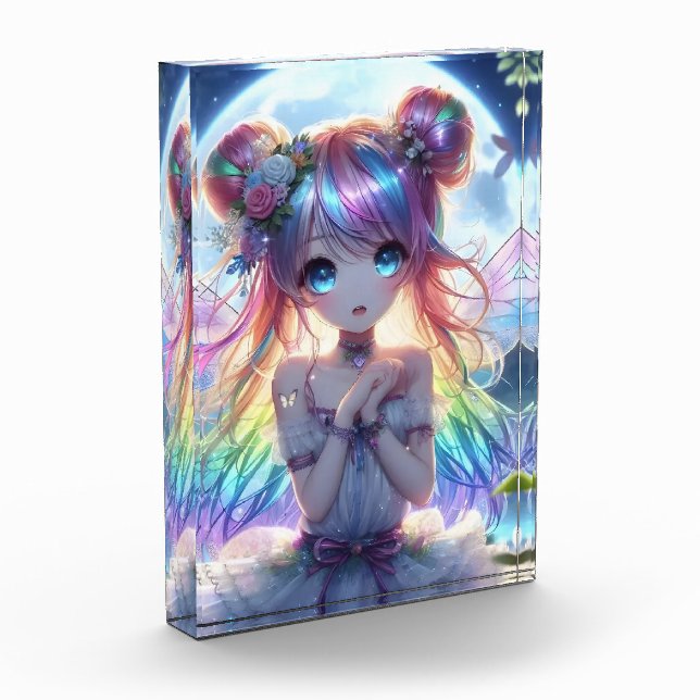 Anime Girl Rainbow Hair Singing Moon Fairy Photo Block (Left)
