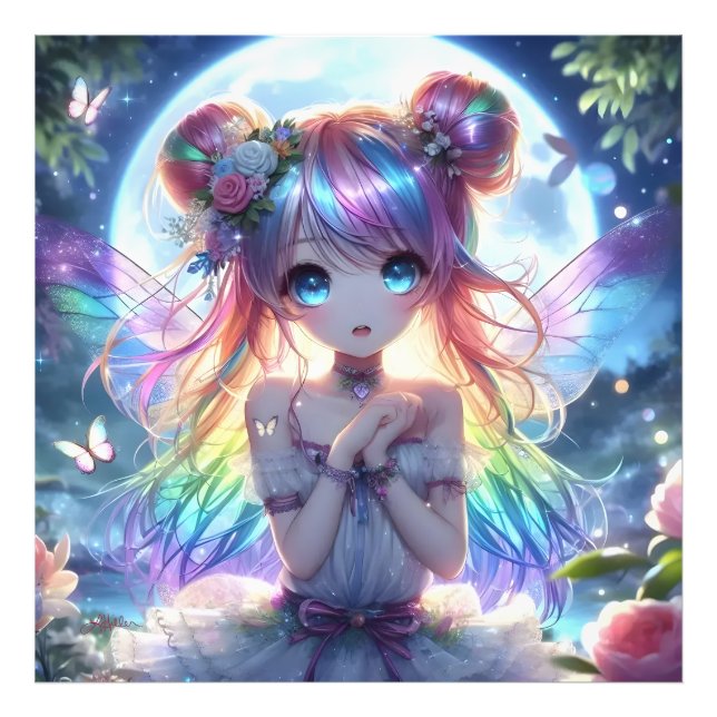 Anime Girl Rainbow Hair Singing Moon Fairy Photo Print (Front)