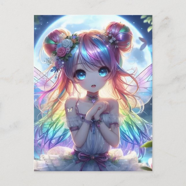 Anime Girl Rainbow Hair Singing Moon Fairy Postcard (Front)