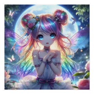 Anime Girl Rainbow Hair Singing Moon Fairy Poster