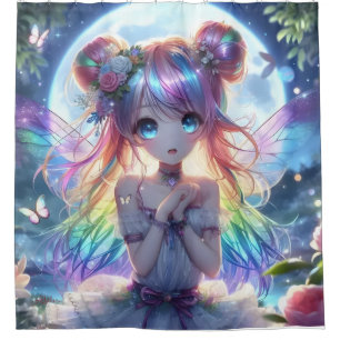Anime Girl Rainbow Hair Singing Moon Fairy Shower Curtain