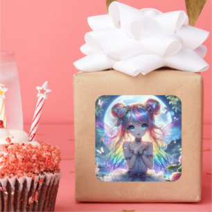 Anime Girl Rainbow Hair Singing Moon Fairy Square Sticker