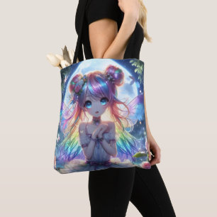 Anime Girl Rainbow Hair Singing Moon Fairy Tote Bag