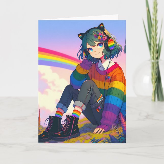 Anime Girl Rainbow Sweater Personalised Birthday Card (Front)