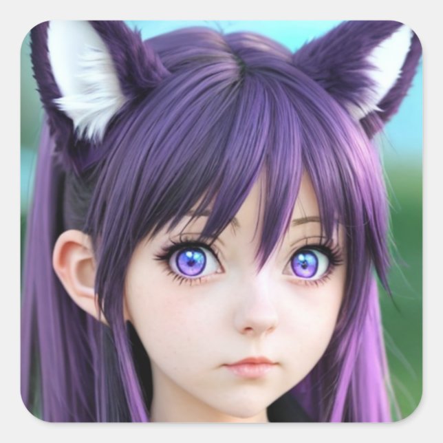 Anime Girl Realistic Fox Ears Square Sticker (Front)