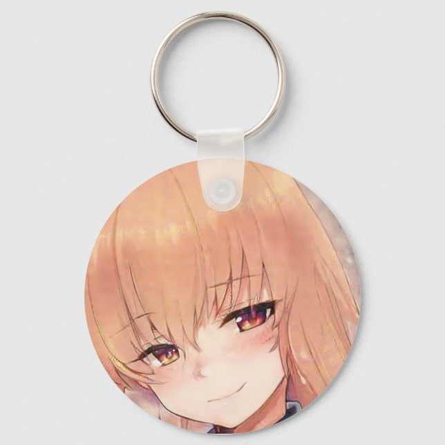 Anime girl redhead ginger knowing smile amber key ring (Front)