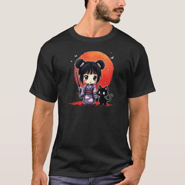 Anime Girl Samurai Cat Raglan Baseball Tee (Front)