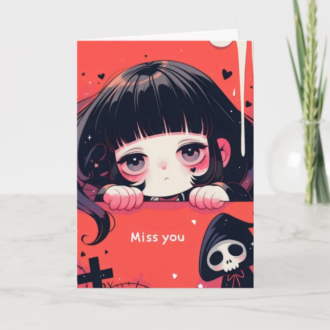 Anime Girl Scary Miss You Holiday Card (Front)